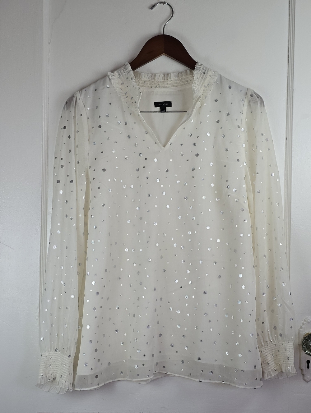Talbots White and Silver Polka Dot Fairy Poet Blouse Like New L